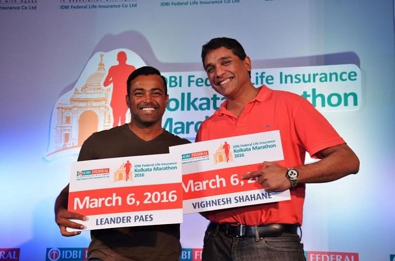From left: Leander Paes and Vighnesh Shahane - CEO, IDBI Federal Life Insurance at the launch of the Kolkata Marathon on Wednesday