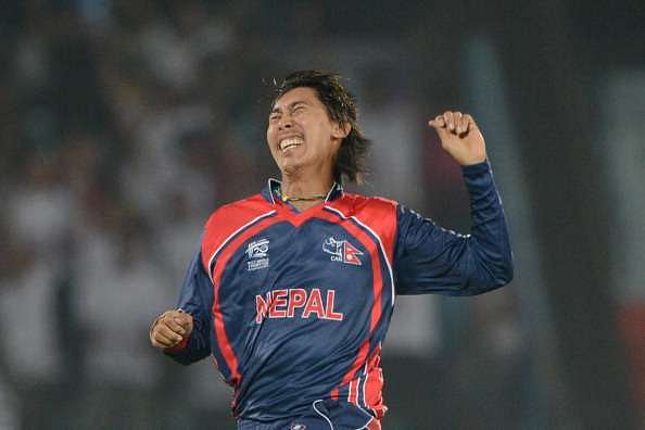Shakti Gauchan celebrates after taking a wicket