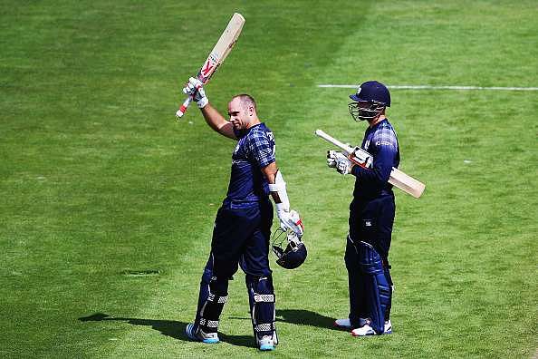 NELSON, NEW ZEALAND - MARCH 05: Kyle Coetzer of Scotland celebrates after scoring a century during the 2015 ICC Cricket World Cup match between Bangladesh and Scotland at Saxton Field on March 5, 2015 in Nelson, New Zealand.  (Photo by Hannah Peters/Getty Images)
