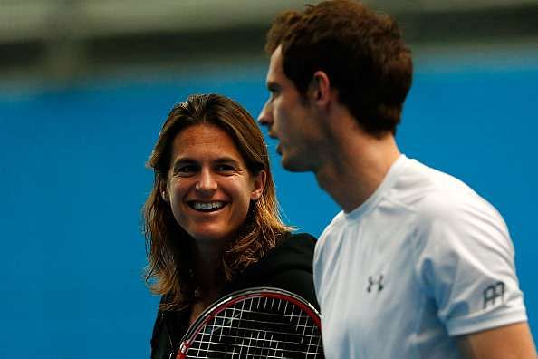 MELBOURNE, AUSTRALIA - JANUARY 22:  Andy Murray of Great Britain talks with coach Amelie Mauresmo in a practice session during day five of the 2016 Australian Open at Melbourne Park on January 22, 2016 in Melbourne, Australia.  (Photo by Zak Kaczmarek/Getty Images)