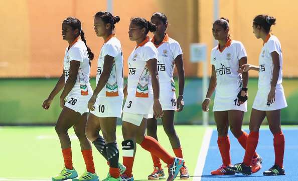 RIO DE JANEIRO, BRAZIL - AUGUST 13:  India look dejected after their 5-0 defeat which eliminates them from the Olympic Games during the Women&#039;s pool B hockey match between Argentina and India on Day 8 of the Rio 2016 Olympic Games at the Olympic Hockey Centre on August 13, 2016 in Rio de Janeiro, Brazil.  (Photo by David Rogers/Getty Images)