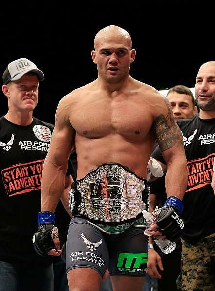 LAS VEGAS, NV - DECEMBER 06:  Robbie Lawler celebrates after defeating Johny Hendricks by a split decision in their welterweight title fight during the UFC 181 event at the Mandalay Bay Events Center on December 6, 2014 in Las Vegas, Nevada.  (Photo by Alex Trautwig/Getty Images)