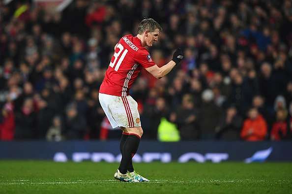 MANCHESTER, ENGLAND - JANUARY 29:  Bastian Schweinsteiger of Manchester United celebrates as he scores their fourth goal during the Emirates FA Cup Fourth round match between Manchester United and Wigan Athletic at Old Trafford on January 29, 2017 in Manchester, England.  (Photo by Gareth Copley/Getty Images)