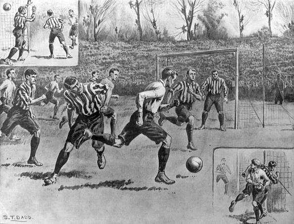 1901:  Illustrations of some of the most exciting moments from the FA Cup final match between Sheffield United and non league Tottenham Hotspur at Crystal Palace. The final result was a 2-2 draw. The replay will be held at Burnden Park.  (Photo by Hulton Archive/Getty Images)