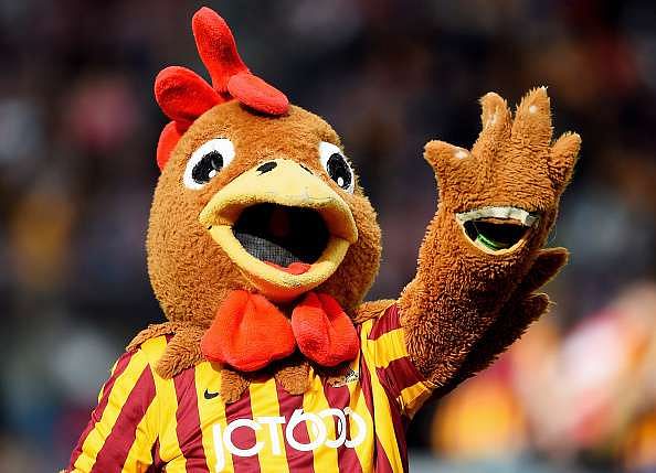 BRADFORD, ENGLAND - MARCH 07:  Billy Bantam the Bradford City mascot greets the fans prior to kickoff during the FA Cup Quarter Final match between Bradford City and Reading at the Coral Windows Stadium, Valley Parade on March 7, 2015 in Bradford, England.  (Photo by Laurence Griffiths/Getty Images)