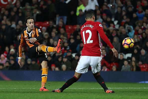 MANCHESTER, ENGLAND - FEBRUARY 01: Lazar Markovic of Hull City hits the post during the Premier League match between Manchester United and Hull City at Old Trafford on February 1, 2017 in Manchester, England.  (Photo by Julian Finney/Getty Images)