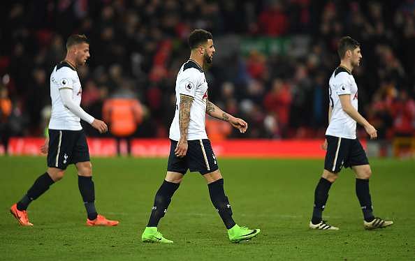 LIVERPOOL, ENGLAND - FEBRUARY 11: Kyle Walker (C) of Tottenham Hotspur and team mates leave the pitch after the Premier League match between Liverpool and Tottenham Hotspur at Anfield on February 11, 2017 in Liverpool, England.  (Photo by Mike Hewitt/Getty Images for Tottenham Hotspur FC)