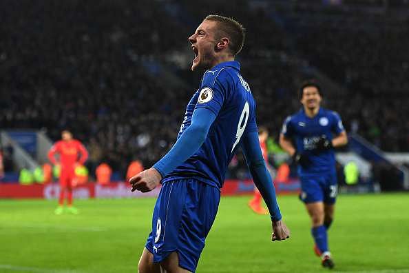 LEICESTER, ENGLAND - FEBRUARY 27:  Jamie Vardy of Leicester City celebrates after scoring his second and his sides third goal during the Premier League match between Leicester City and Liverpool at The King Power Stadium on February 27, 2017 in Leicester, England.  (Photo by Michael Regan/Getty Images)