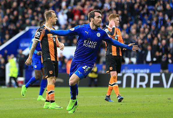 LEICESTER, ENGLAND - MARCH 04:  Christian Fuchs of Leicester City (L) celebrates scoring his sides first goal during the Premier League match between Leicester City and Hull City at The King Power Stadium on March 4, 2017 in Leicester, England.  (Photo by Stephen Pond/Getty Images)