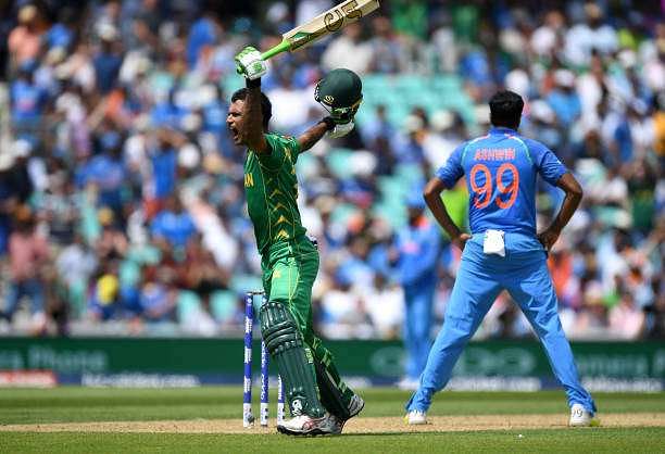 LONDON, ENGLAND - JUNE 18:  Fakhar Zaman of Pakistan celebrates reaching his century during the ICC Champions Trophy Final between India and Pakistan at The Kia Oval on June 18, 2017 in London, England.  (Photo by Gareth Copley/Getty Images)