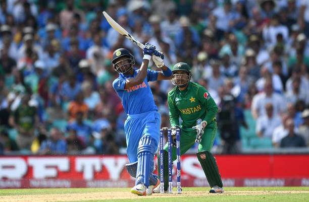 LONDON, ENGLAND - JUNE 18:  Hardik Pandya of India hits out for six runs during the ICC Champions Trophy Final between India and Pakistan at The Kia Oval on June 18, 2017 in London, England.  (Photo by Gareth Copley/Getty Images)
