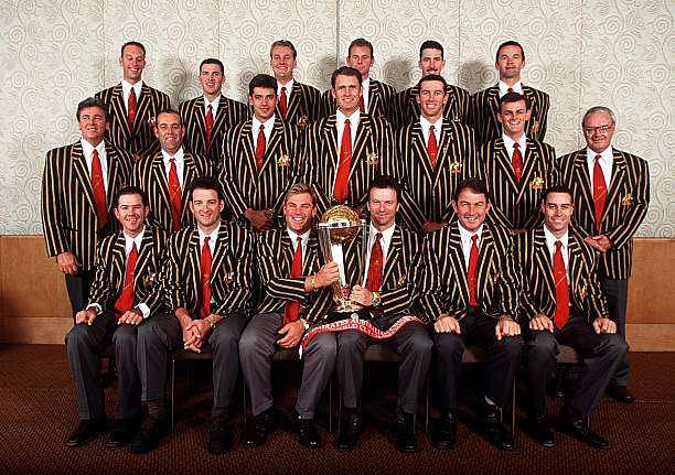 23 Jun 1999:  The Australian cricket team pose for the official Australian Cricket Board World Cup team picture at the Crown Casino,Melbourne, Australia.  Mandatory Credit: Hamish Blair/ALLSPORT